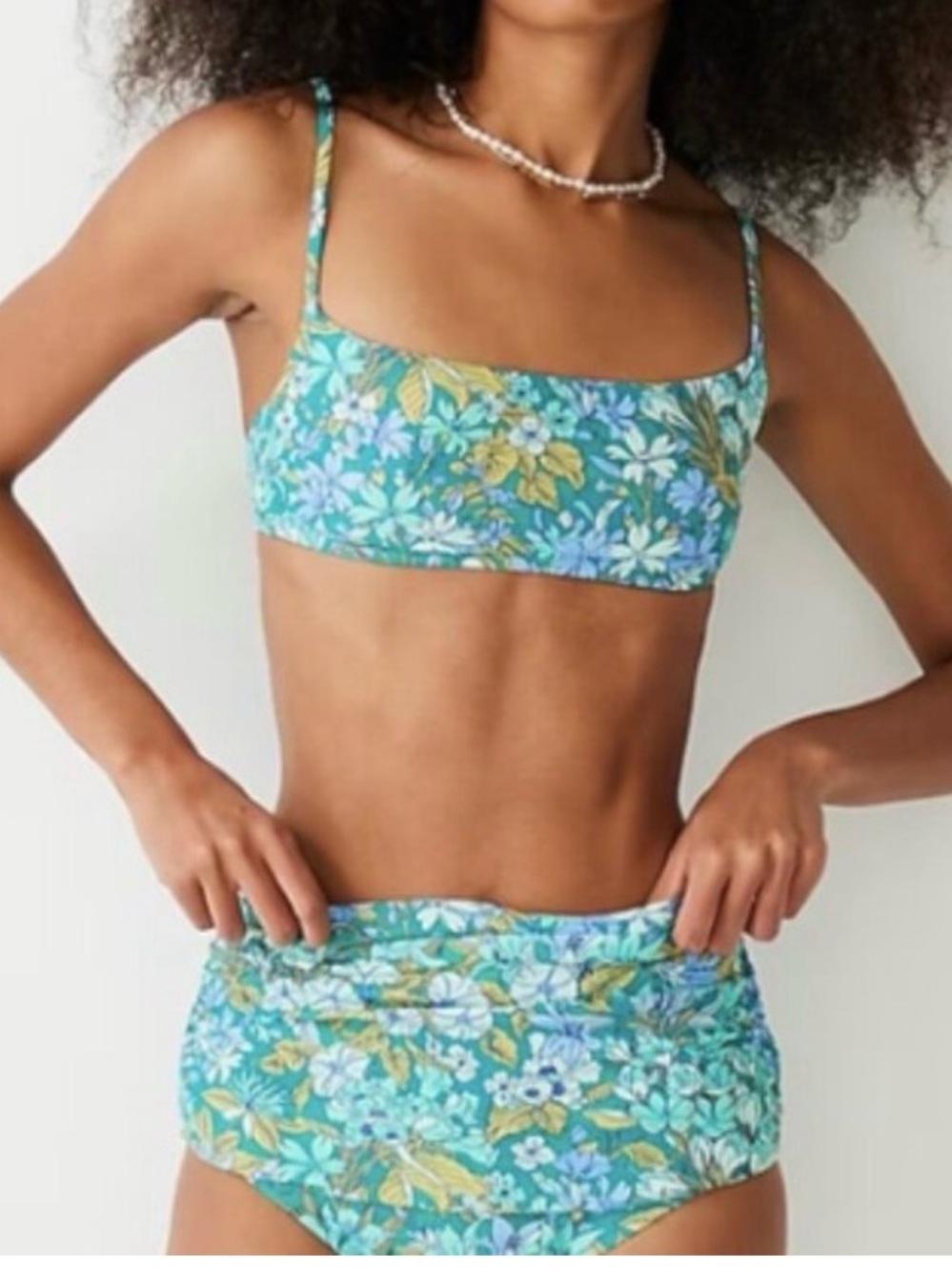 J. Crew Ruched high-rise full-coverage bikini bottoms and top in Aqua Blooms - M